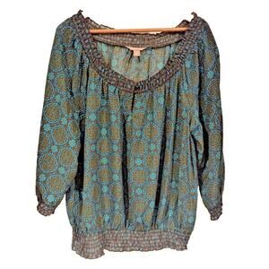 White Stag Women's Teal Green 3/4‎ Sleeve Blouse Size XXL Semi Sheer Peasant top